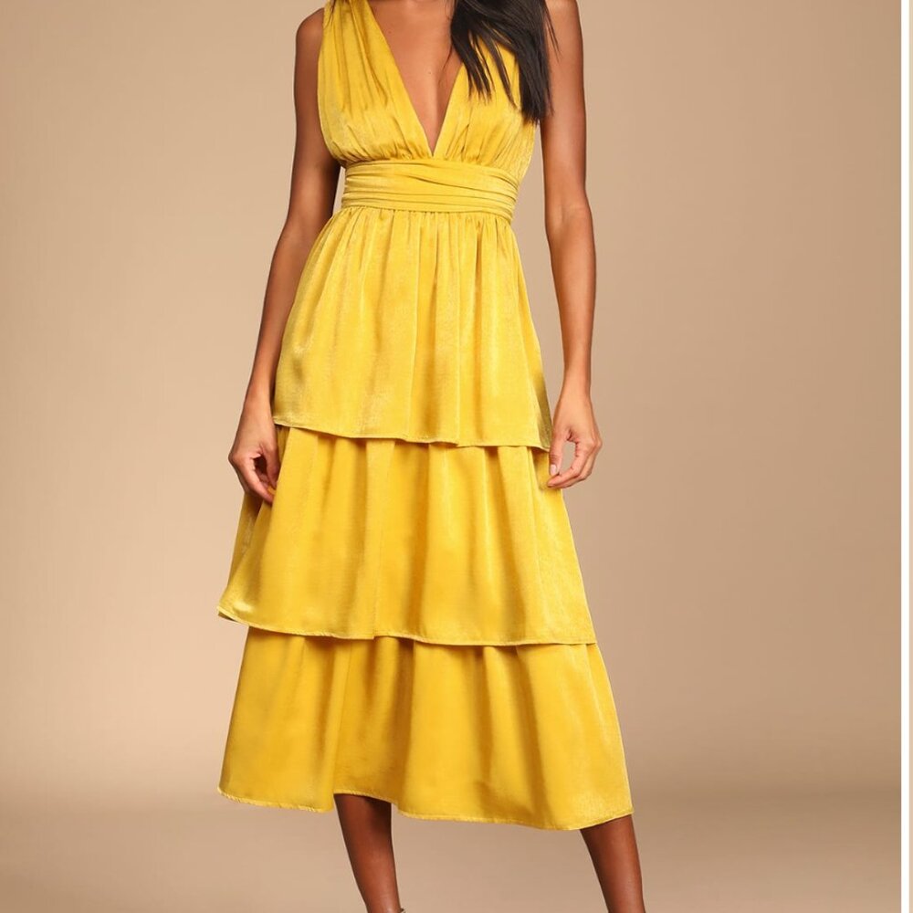 Yellow Satin Tiered Tie-Back Midi Dress